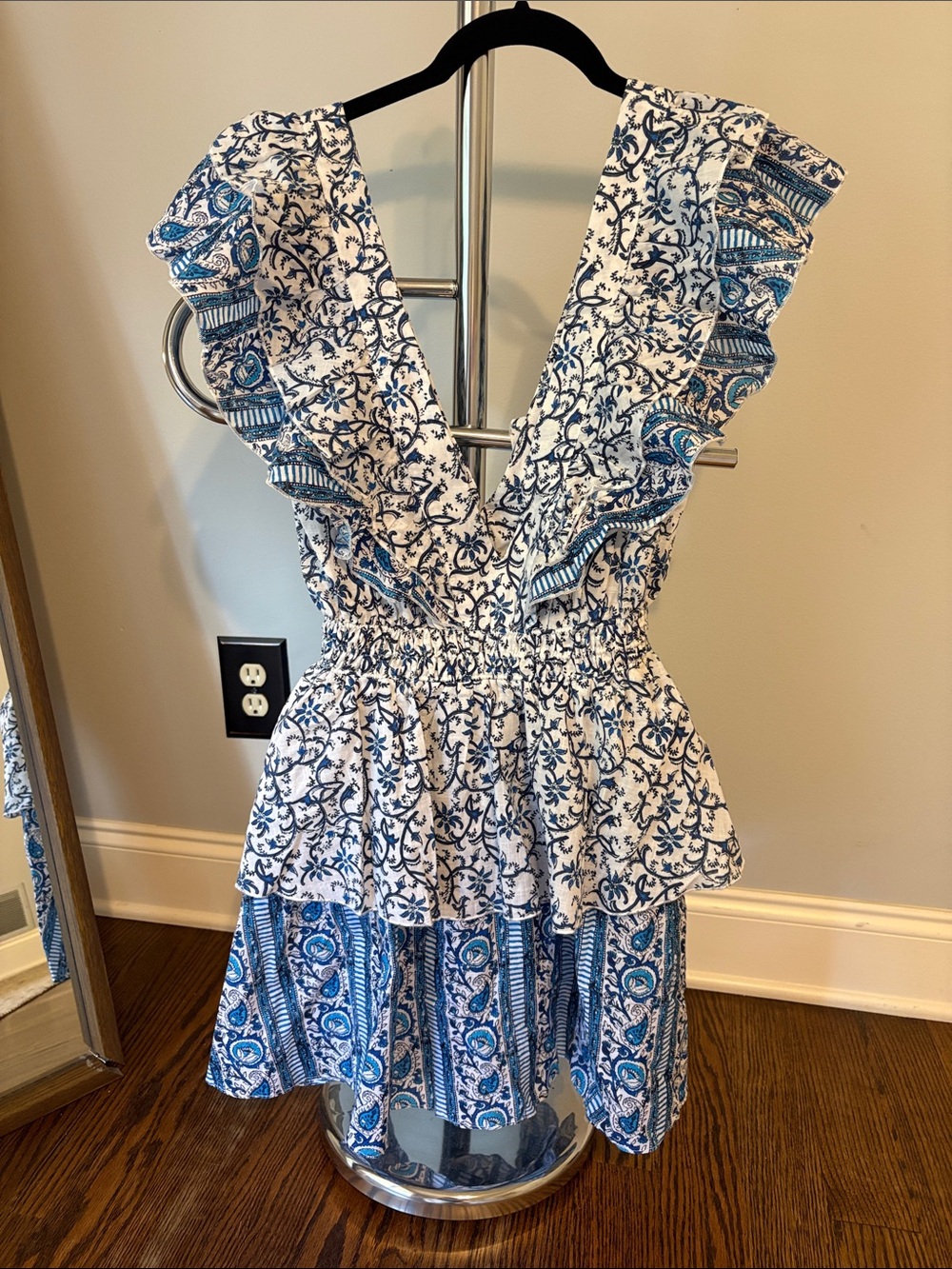 Blue & White Printed Ruffle Mini Dress